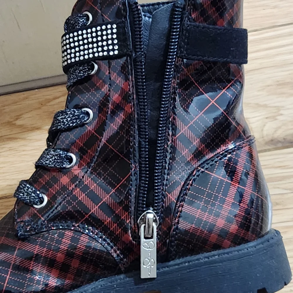 Jessica Simpson Lace Up Boots Zipper Plaid Bedazzle Size 12 Combat Boot